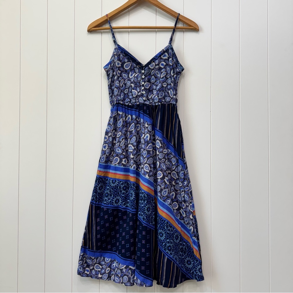 Aerie Paisley Patchwork Sleeveless Spaghetti Strap Midi Dress Size XS Blue Boho